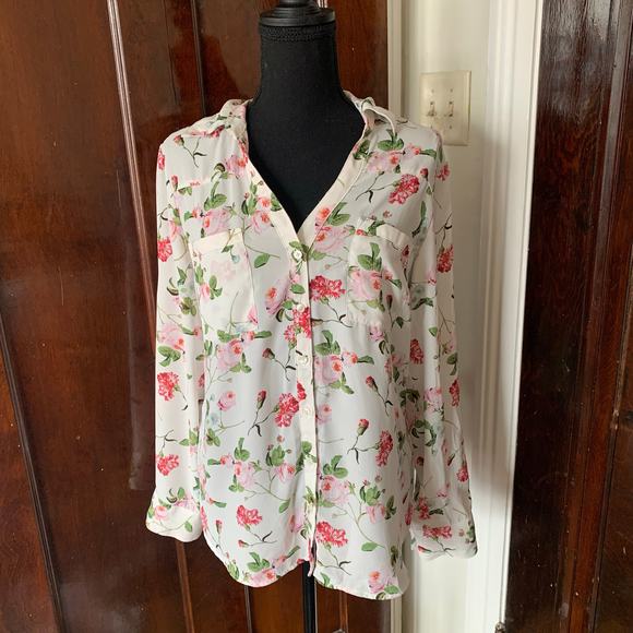 Express White Chiffon Collared Button Down White Floral Shirt LARGE Roll Tab - Picture 12 of 16